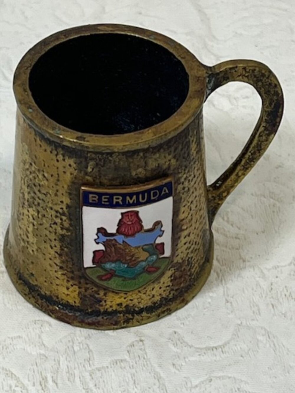 VTG Brass Bermuda Coat of Arms Souvenir Tankard Mini Mug Hammered Design 2.25x2"